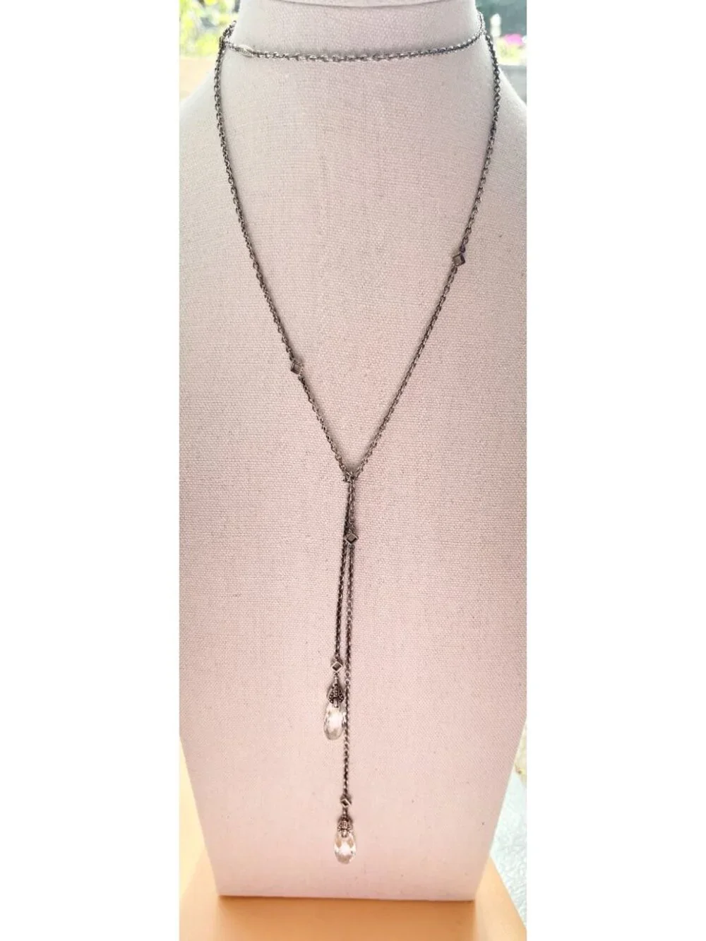 Lagos 750 & Sterling Silver Lariat Necklace With Clear Briolette Stones & Checke